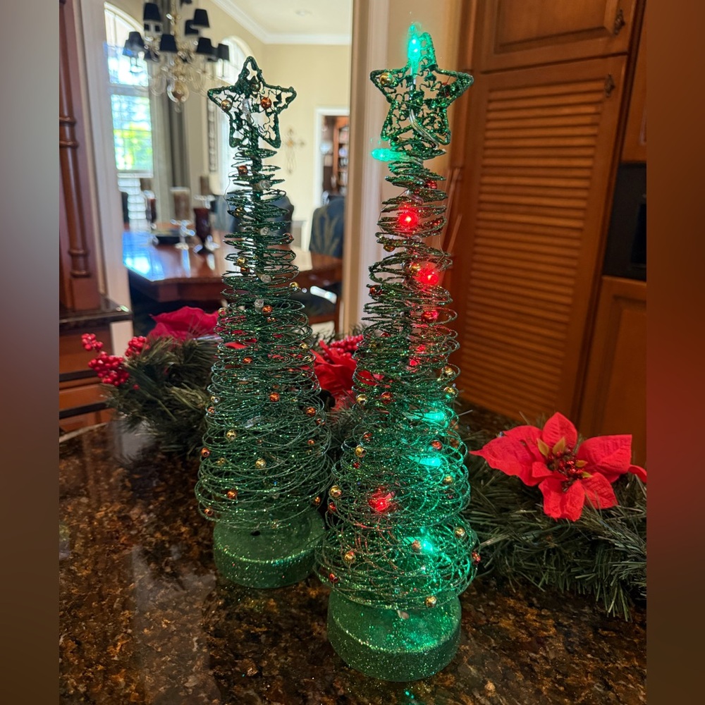 Green Wire Lighted Glittery Christmas Tree Set of 2